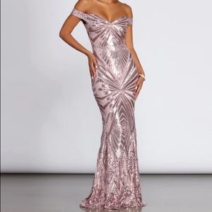 WINDSOR LILITH OFF-SHOULDER SEQUIN EVENING GOWN
